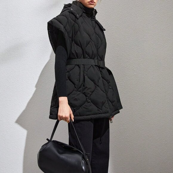 Black Casual Women's Zip Up Belted Vest Puffer Coat - Picture 4 of 7